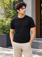 Men's Black Regular Round Neck T-shirt - Premium Cotton
