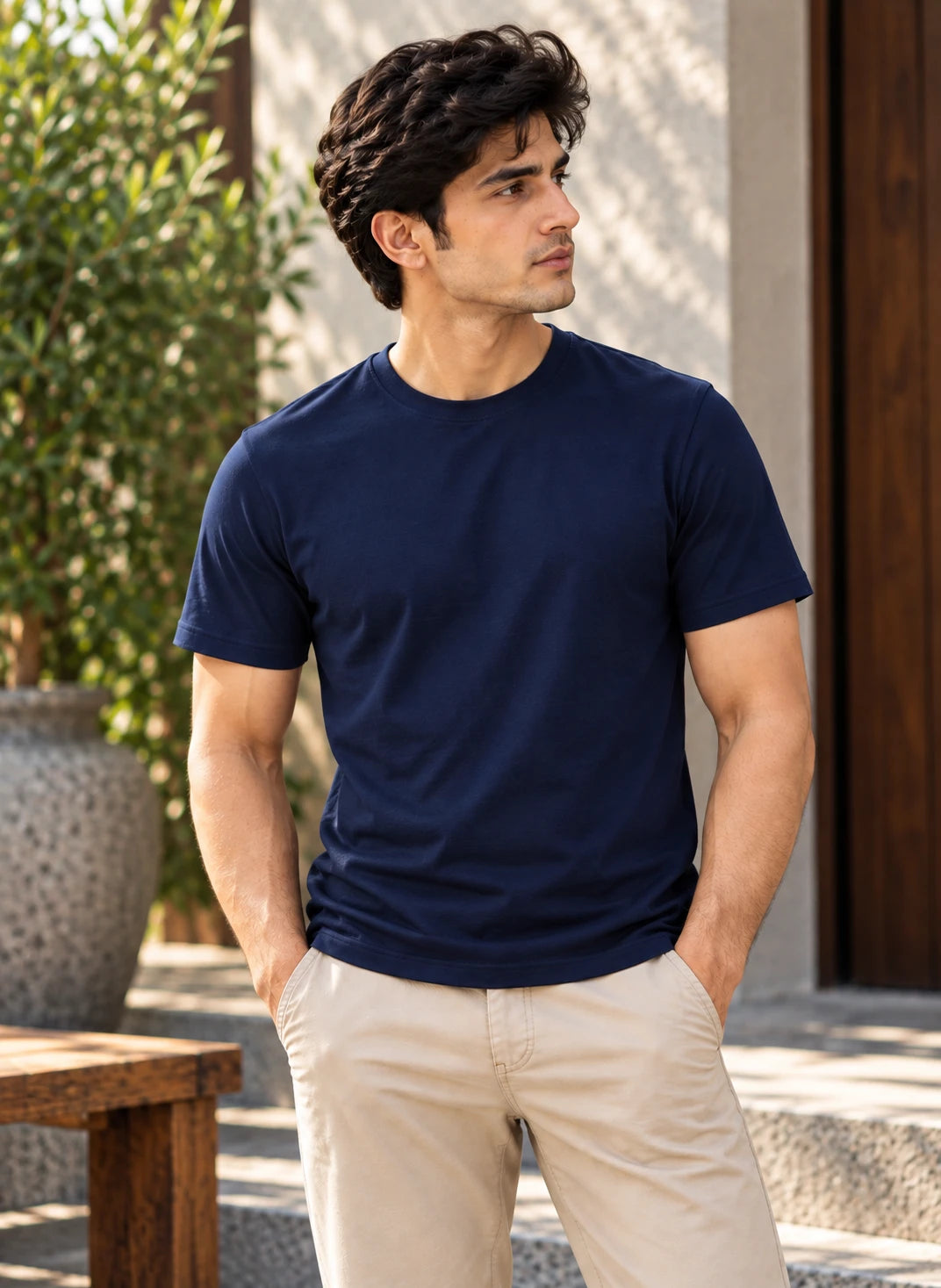 Men's Navy Blue Regular Round Neck T-shirt - Premium Cotton