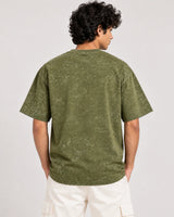 Men’s Forest Green Acid Wash with print Oversized T-Shirt – Premium Cotton