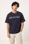 Men’s Navy Blue Acid wash with print Oversized T-Shirt – Premium Cotton