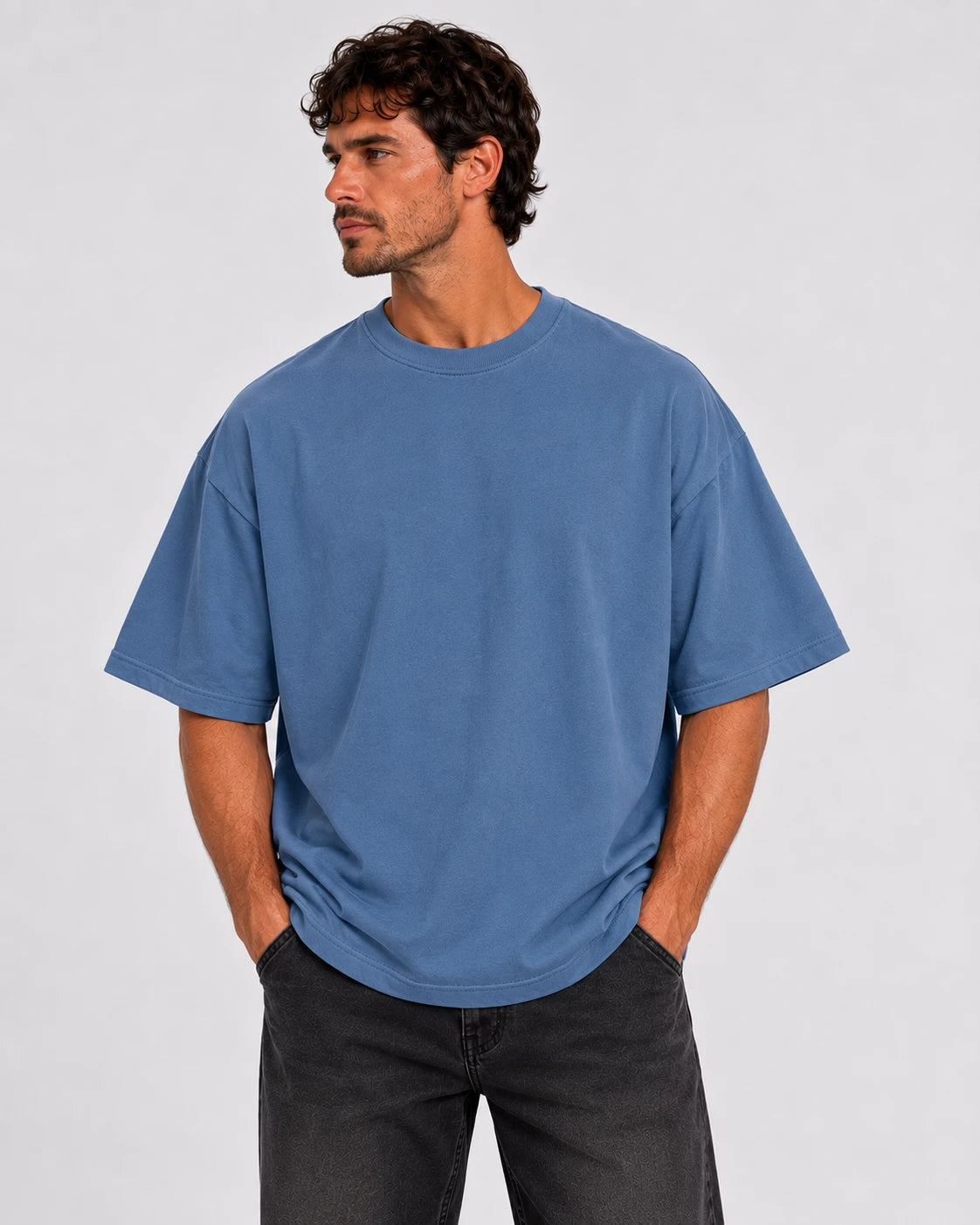 Men's Steel Blue Samurai printed Oversized Tshirt - Premium Cotton