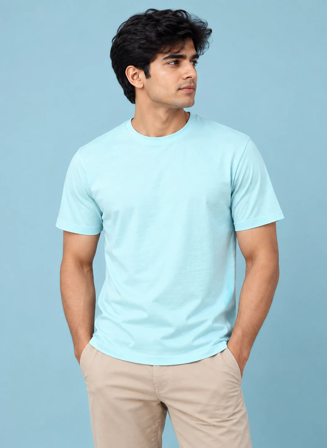 Men's Mint Blue Regular Round Neck T-shirt - Premium Cotton