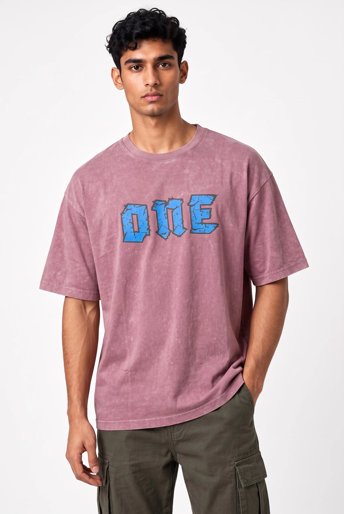 Men’s Dusty Rose Colour Acid Wash with print Oversized T-Shirt – Premium Cotton