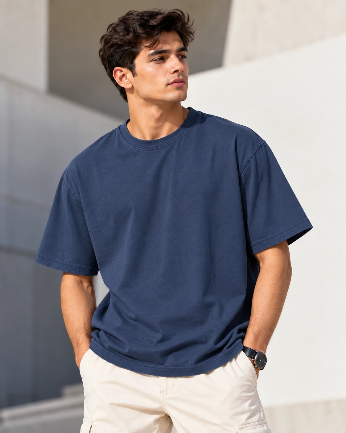 Men’s Navy Blue Plain Oversized T-Shirt – Premium French Terry