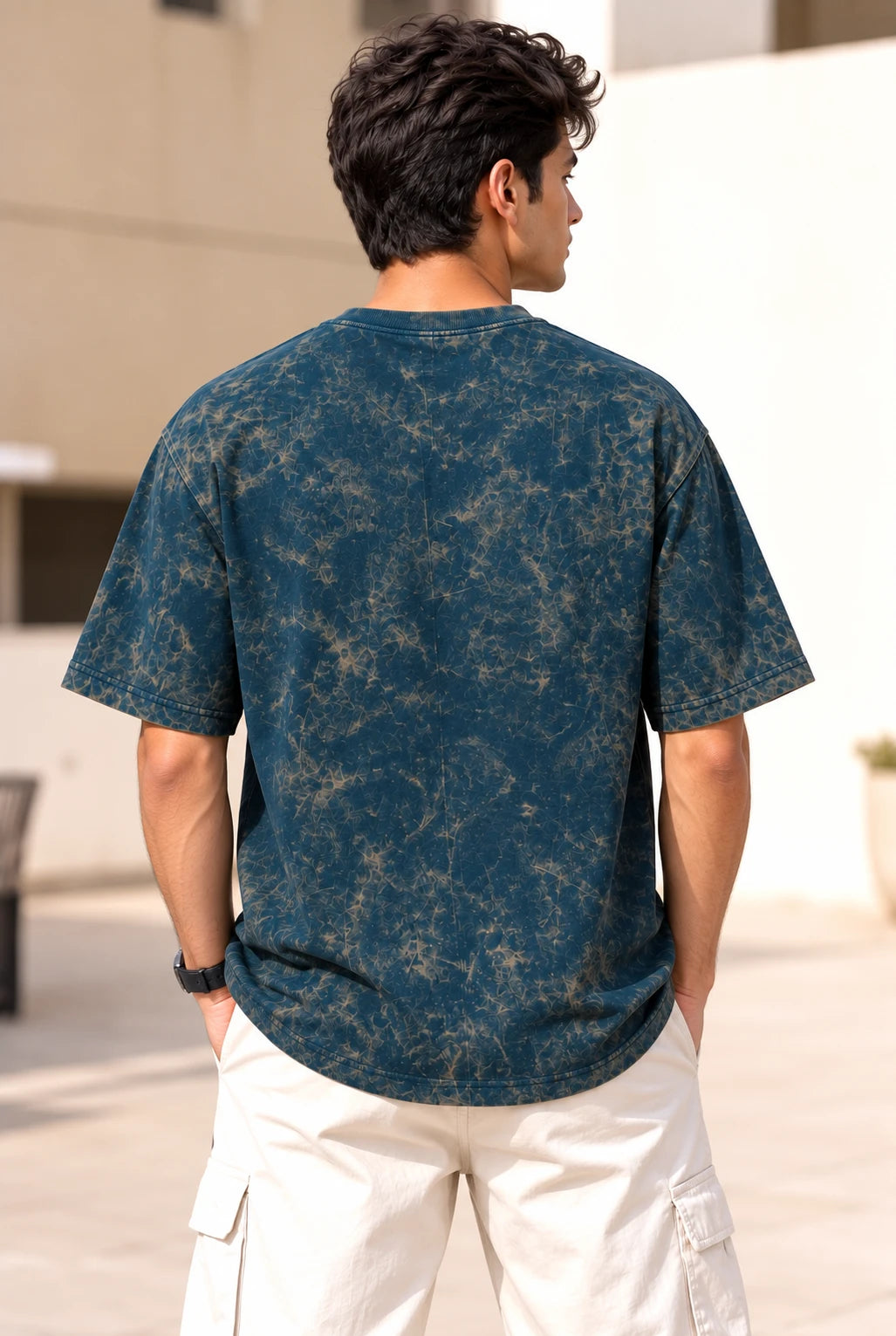 Men’s Petrol Blue Acid Wash with print Oversized T-Shirt – Premium Cotton
