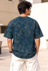 Men’s Petrol Blue Acid Wash with print Oversized T-Shirt – Premium Cotton