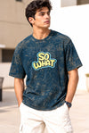 Men’s Petrol Blue Acid Wash with print Oversized T-Shirt – Premium Cotton