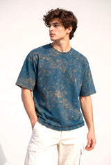 Men’s Petrol Blue Acid Wash Oversized T-Shirt – Premium French Terry