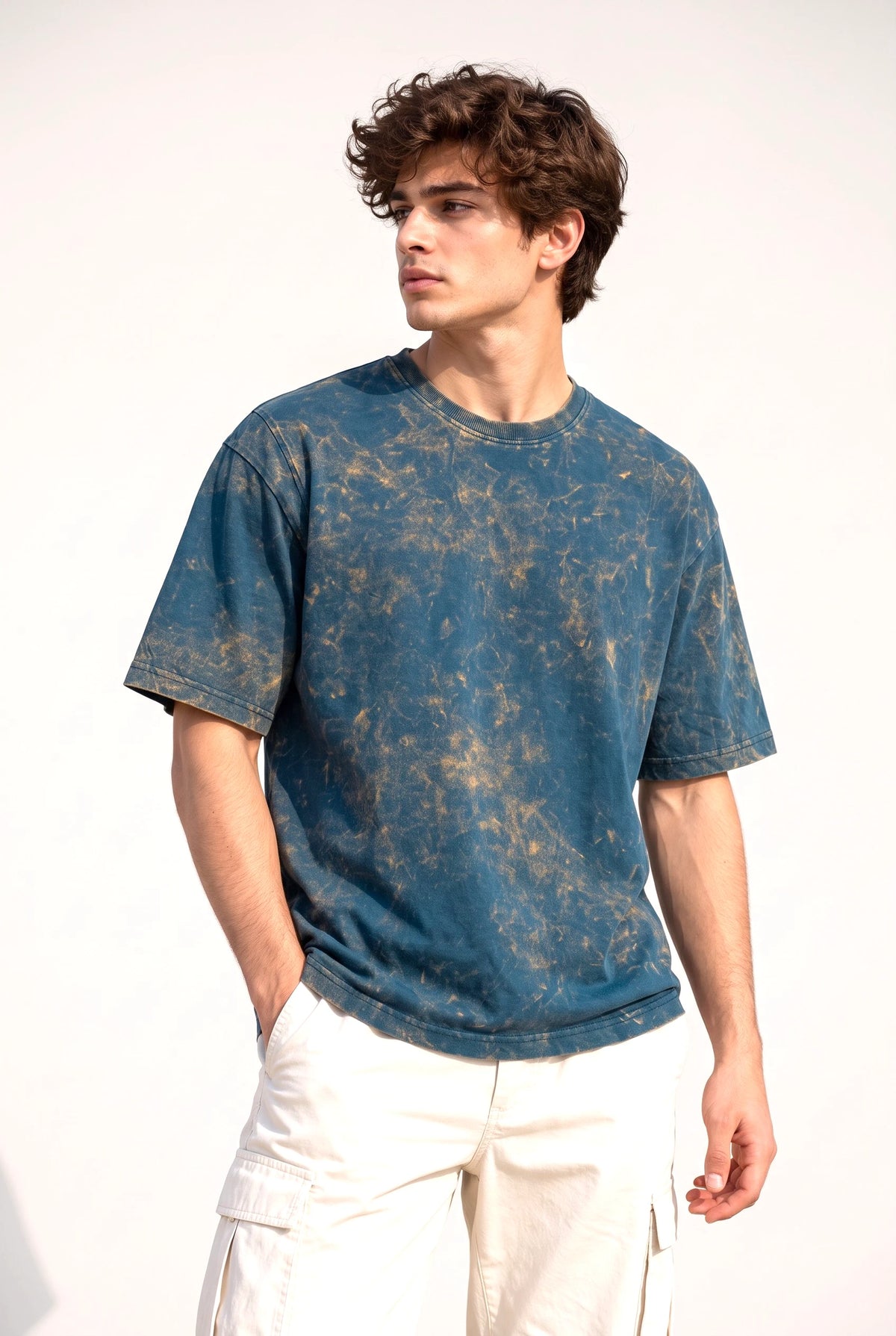 Men’s Petrol Blue Acid Wash Oversized T-Shirt – Premium French Terry