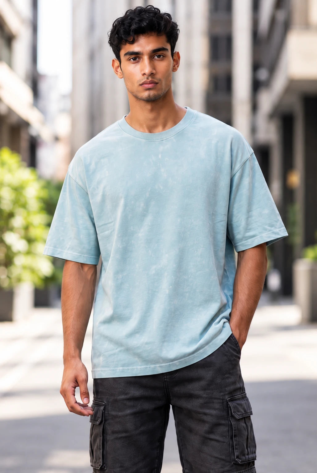 Men’s Surf Blue Acid wash Oversized T-Shirt – Premium French Terry
