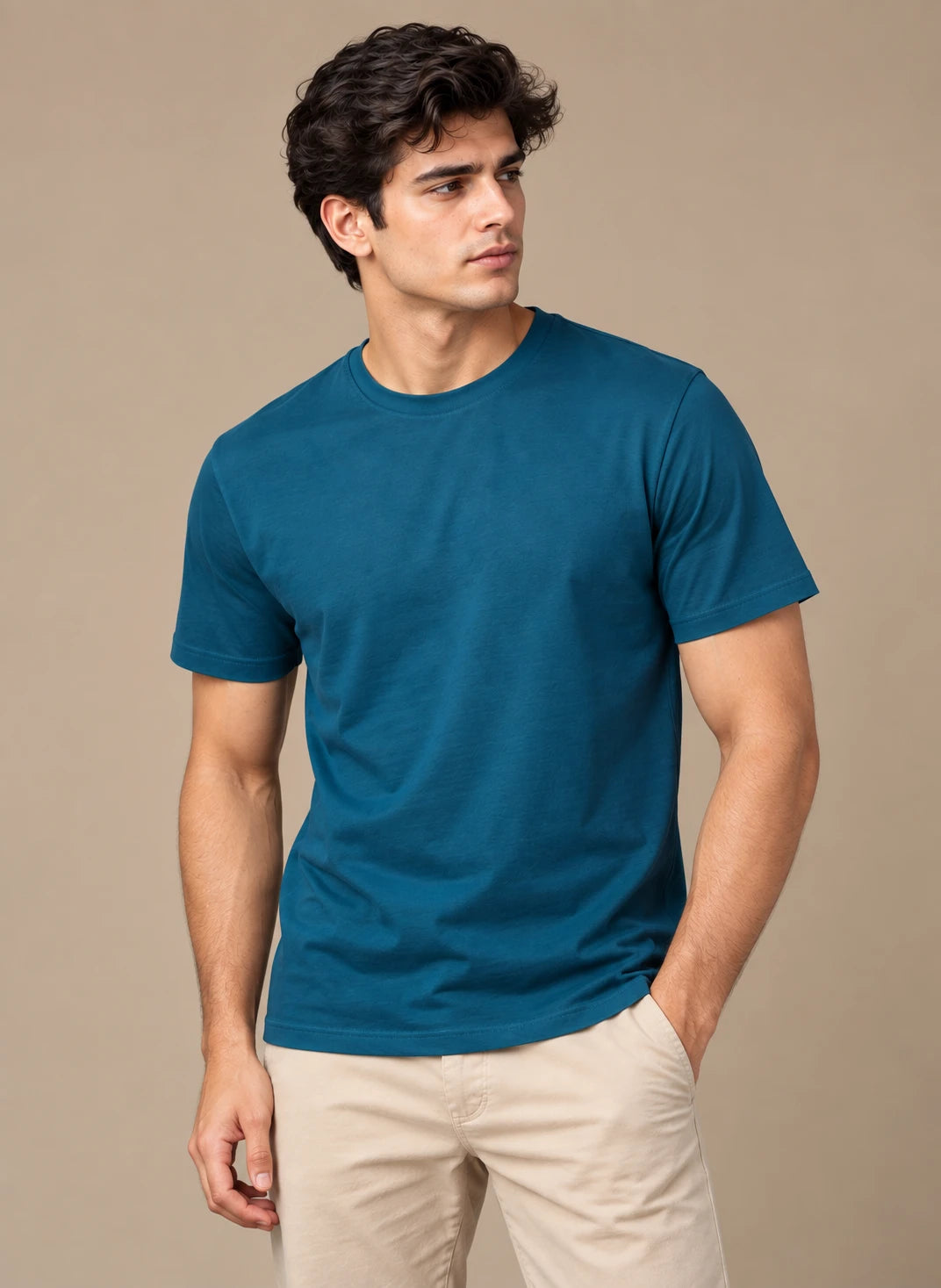 Men's Petrol Blue Regular Round Neck T-shirt - Premium Cotton